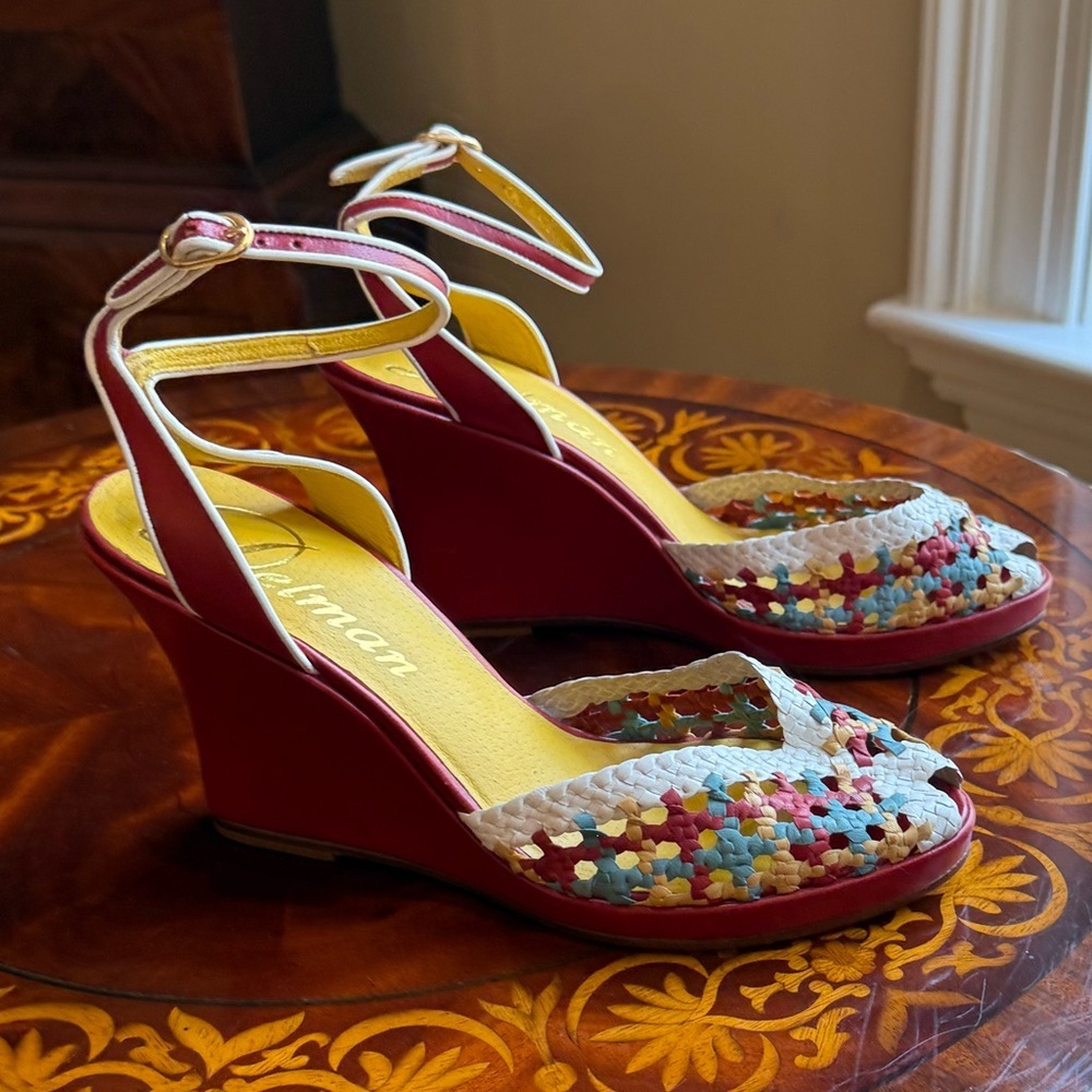 NWOT Delman Red/Yellow Leather Woven Peep toe Sandals 4” heel Size 8 MSRP $295 - Picture 9 of 13